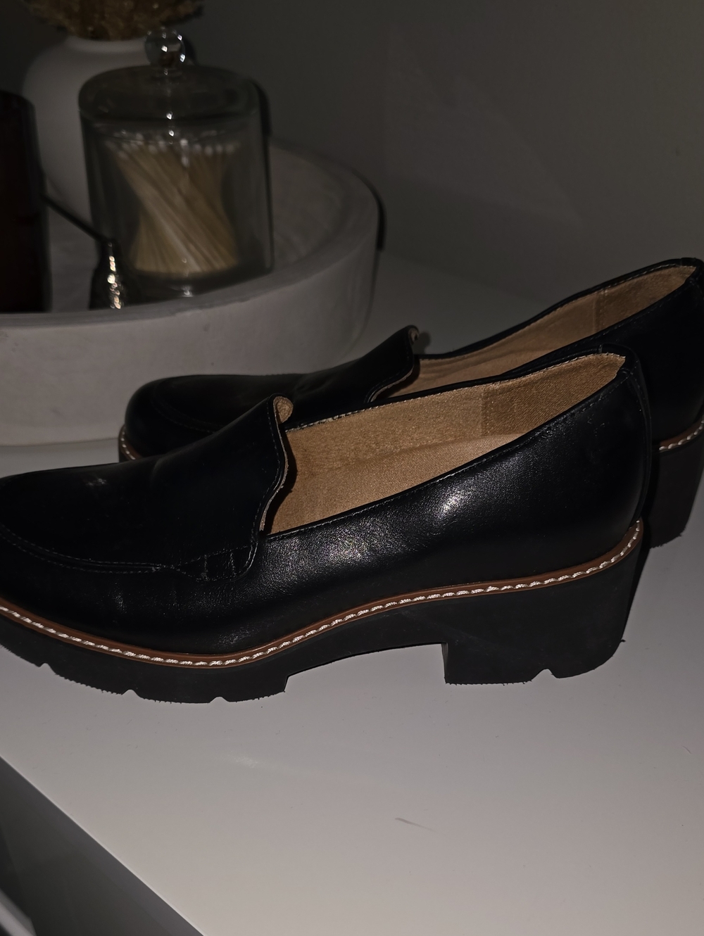 Naturalizer Black Leather Platform Loafers with Tan Welt